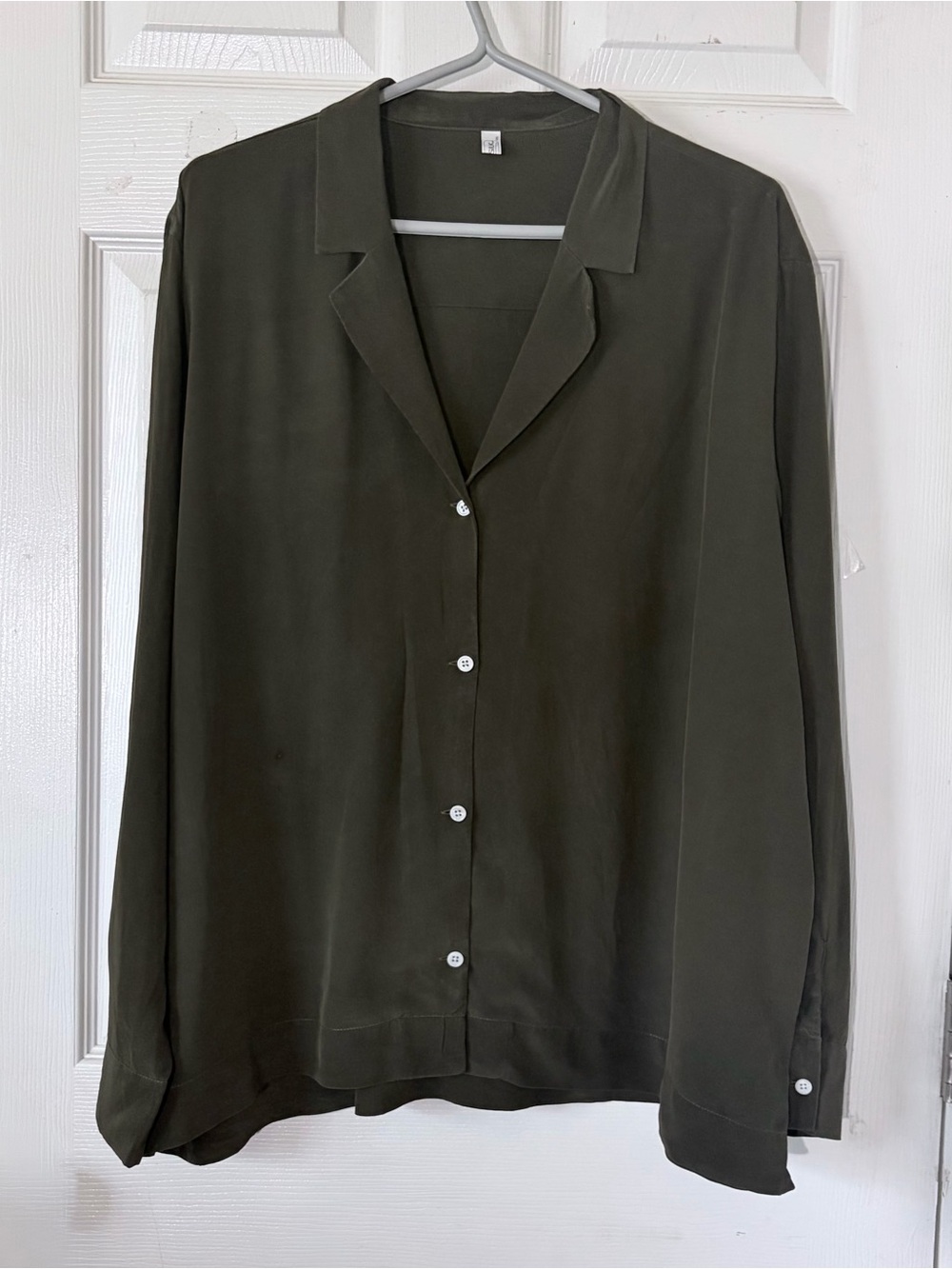 Lily Silk Olive Green Button-Down Shirt - Women's Relaxed Collar Long Sleeve XXL